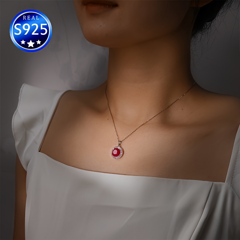 S925 Silver Rose Red Synthetic Gemstone Necklace for Daily Wear Wedding
